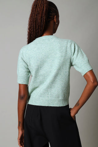 Short Sleeve Fluffy Knitwear Top - Sage