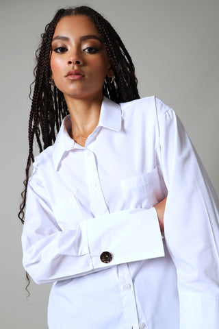 Wide Cuff Double Pocket Poplin Shirt - White