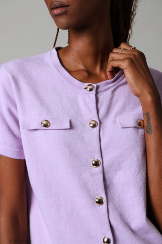 Short Sleeve Button Down Knitwear Top - Lilac