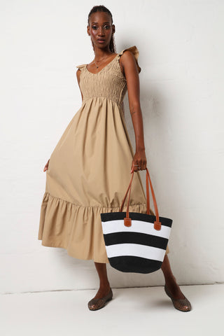 Frill Sleeve Shirred Bodice Maxi Dress - Stone