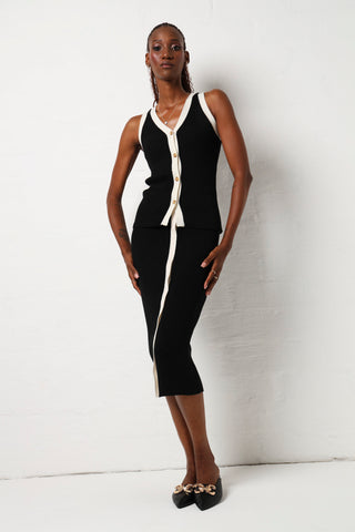 Contrast Binding Button Through Knitwear Top - Black/Cream