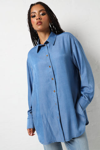 Long Sleeve Wide Cuff Button Down Shirt - Medium Wash