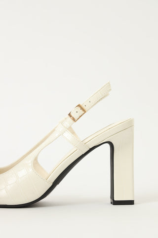 High Block Slingback Pointy Patent Court Heel - Off White