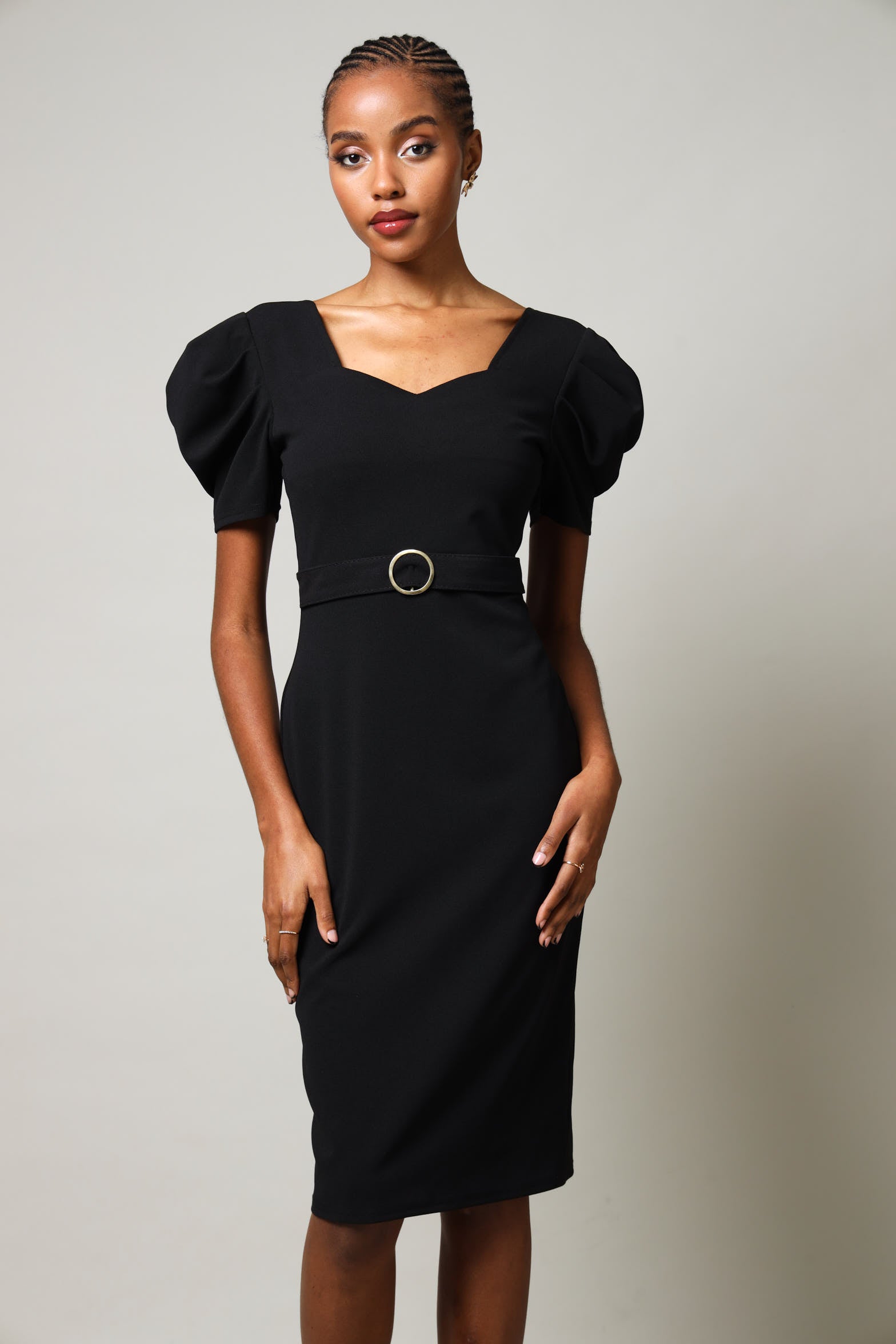 Short Sleeve Belted Bodycon Midi Dress