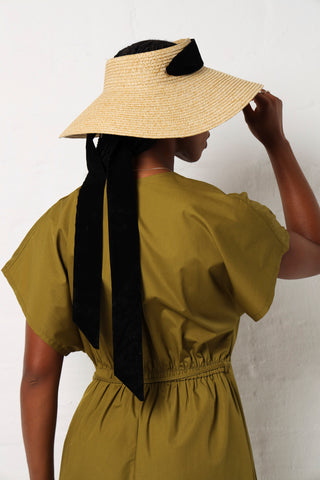 Velvet Bow Straw Visor Hat - Natural