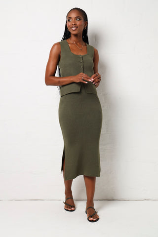 Sleeveless  Square Neck Covered Button Front Cardi - Fatigue