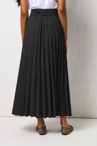 Polka Dot Elasticated Waist Pleated Maxi Skirt - Black/White