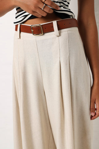 Linen Look Belted Bermuda Shorts With Pleat Detail - Oatmeal