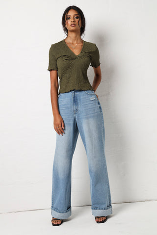 Front Knot Crinkle Knit Top - Fatigue