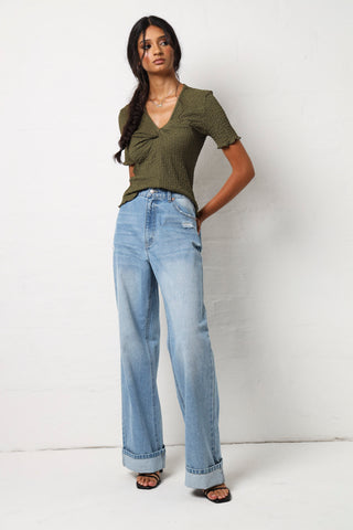 Turn Up Wide Leg Jean - Stonewash