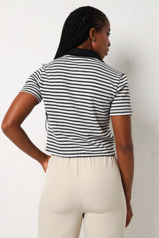 Short Sleeve Textured Knit Stripe Golfer - Black/Cream