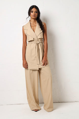 Longer Length Linen Trench Gilet - Stone
