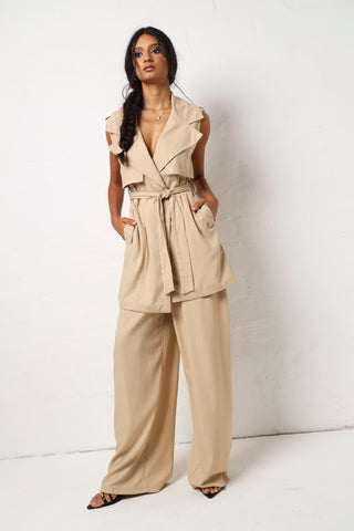 Linen Look Wide Leg Pant - Stone