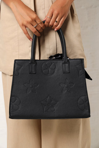 Large Embossed Monogram Scarf Detail Tote Bag - Black