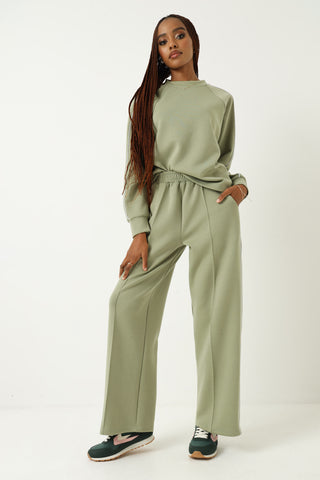 Piping Pin Tuck Soft Touch Wide leg Pant - Sage