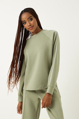 Long Sleeve Piping Detail Soft Touch Pullover - Sage