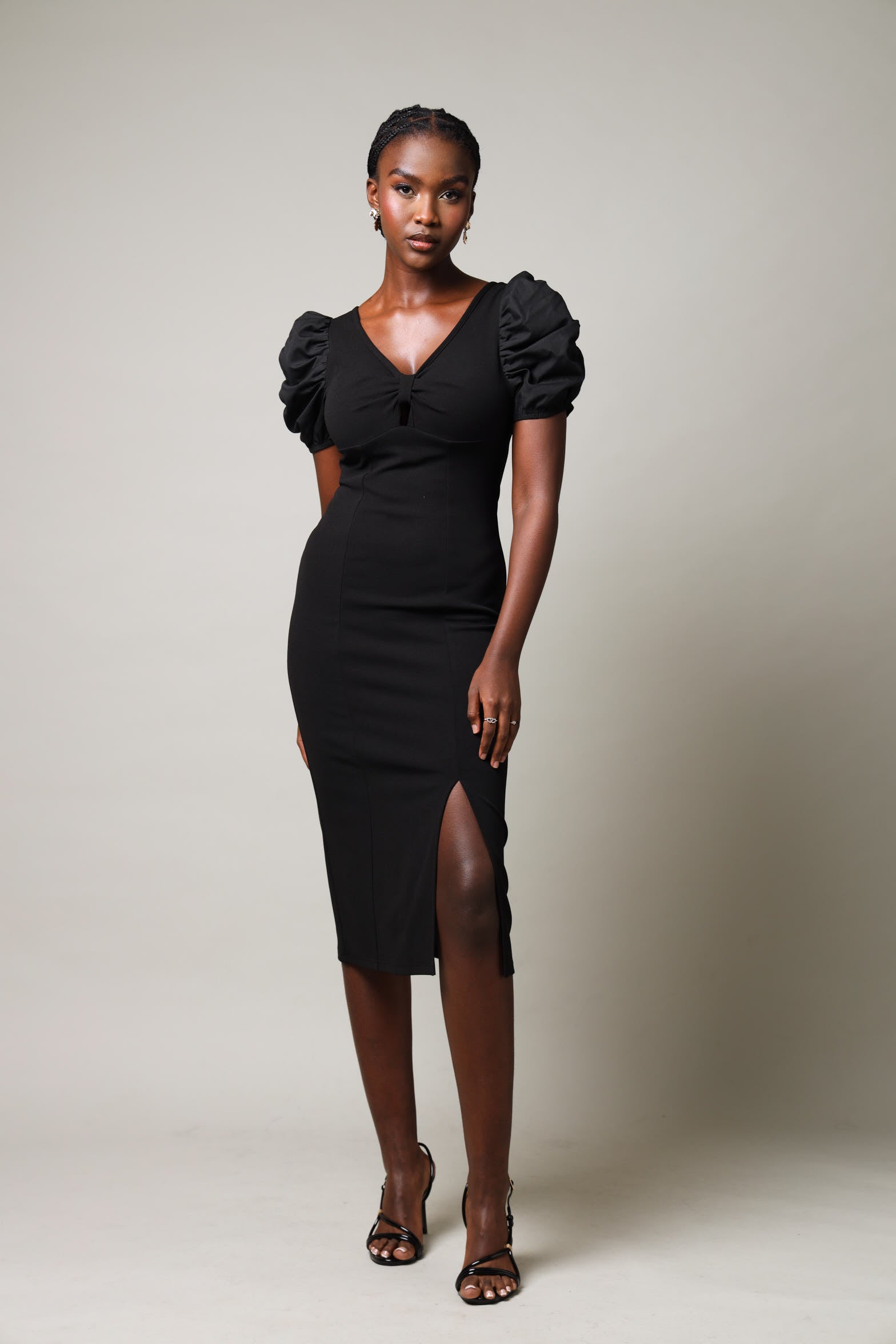 Poplin Puff Sleeve Combo Bodycon Dress