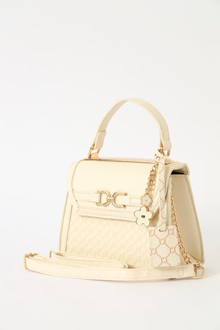 Embossed Monogram  Flower Charm Satchel Bag - Cream