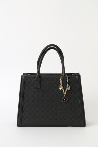 Embossed Monogram Multi Charm Detail Tote Bag - Black