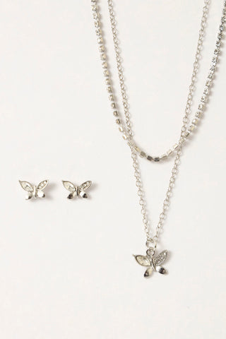 2 Layer Diamante Butterfly Necklace & Matching Earrings - Silver