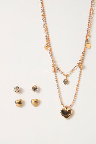2 Layer Heart Infused Necklace Matching Earrings - Gold