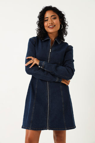 Long Sleeve Zip Through Mini Dress - Dark Wash
