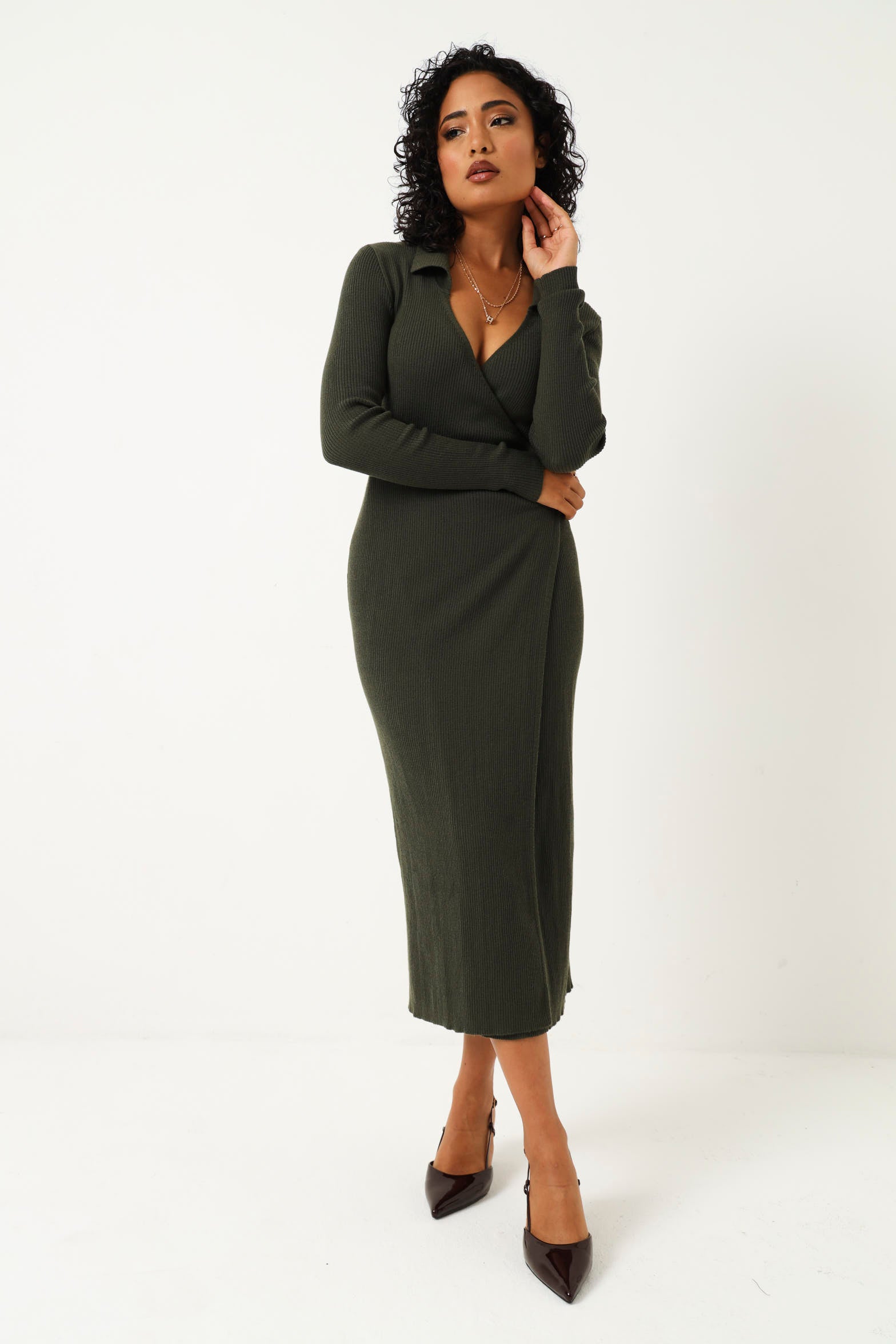 Long Sleeve Wrap Knitwear Midi Dress - Fatigue LEGiT Long Sleeve Wrap Knitwear Midi Dress - Fatigue LEGiT