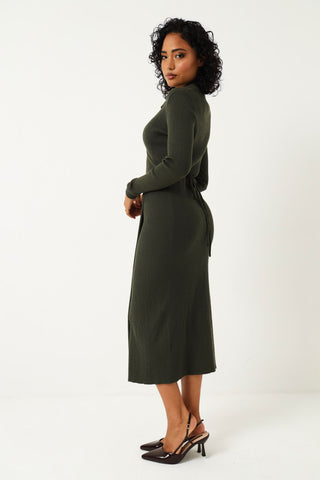 Long Sleeve Wrap Knitwear Midi Dress - Fatigue