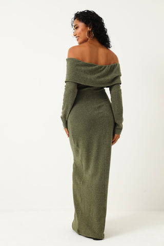 Off The Shoulder Metal Trim Cut & Sew Dress - Fatigue
