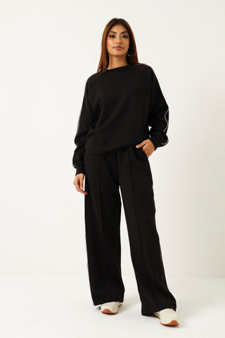 Piping Pin Tuck Soft Touch Wide leg Pant - Black