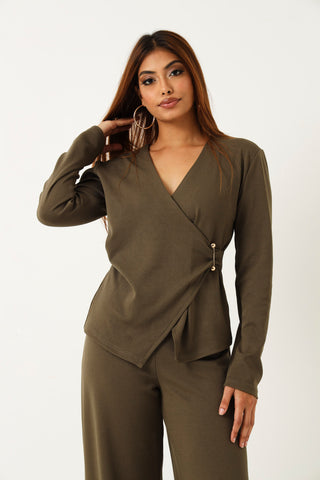 Long Sleeve Wrap Metal Trim Cut & Sew Top - Fatigue