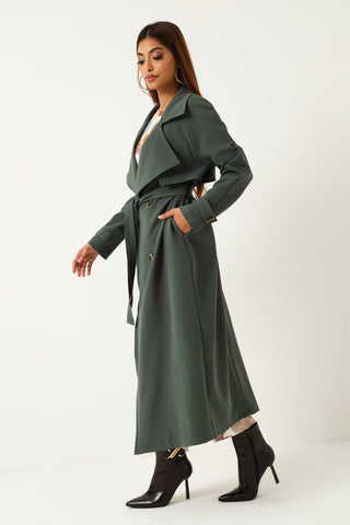 Longer Length Tie Detail Barbi Trench Coat - Fatigue