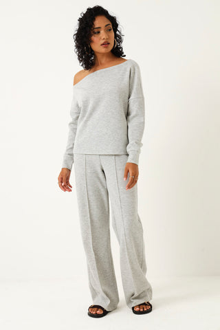 Long Sleeve Off The Shoulder Soft Feel Top - Grey Melange