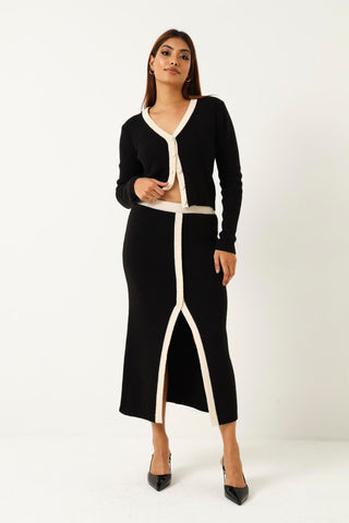 Contrast Knitwear Midi Skirt - Black/Cream
