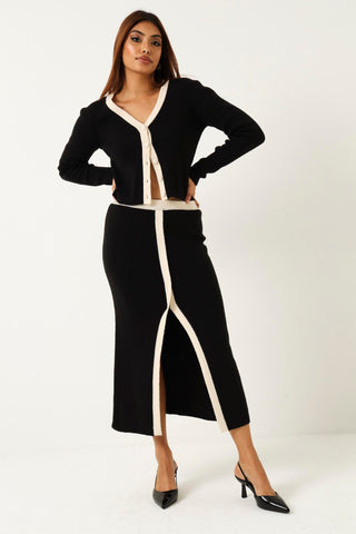 Long Sleeve Covered Button Cardigan - Black/Cream