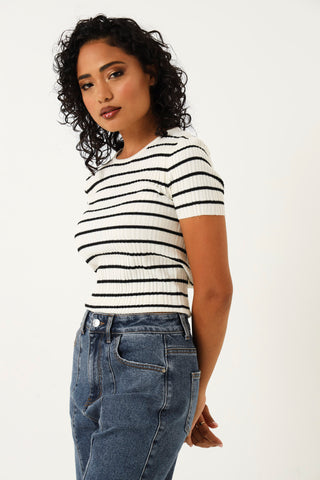Short Sleeve Stripe Rib Knitwear Tee - Black/Cream