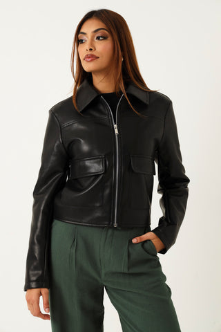 Pocket Detail Pu Jacket - Black