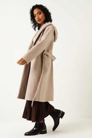 Hooded Melange Melton Coat - Beige