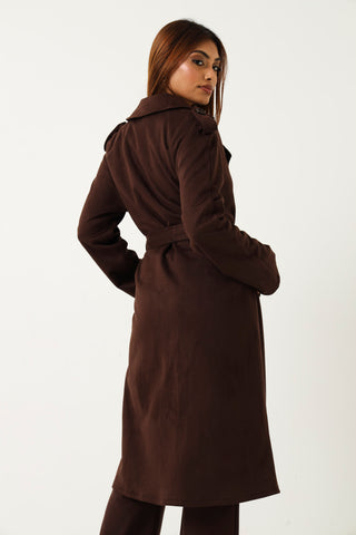 Longer Length Suede Trench Coat - Brown