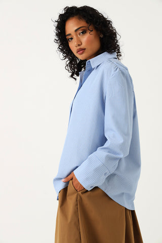 Textured Striped Oversized Shirt - White/Blue