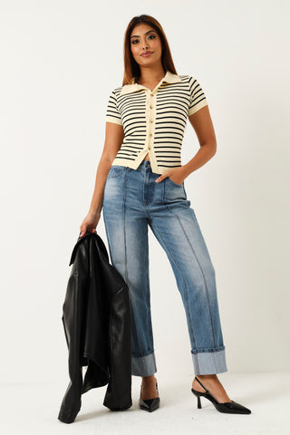 Pintuck Turn Up Straight Leg Jean - Stonewash
