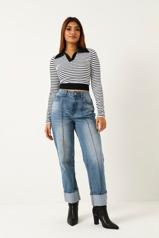 Long Sleeve Stripe Seamless Golfer - Black-White