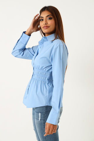 Cinched Waist Poplin Shirt - Blue