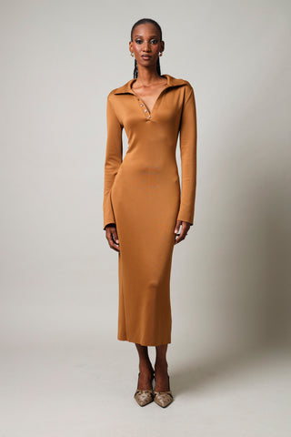 Longs Sleeve Scuba Crepe Dress - Brown