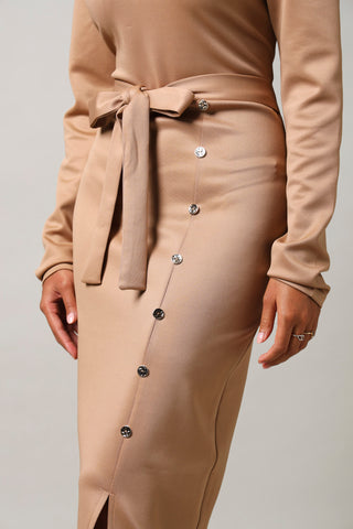 Long Sleeve Button Detail Belt Dress - Stone