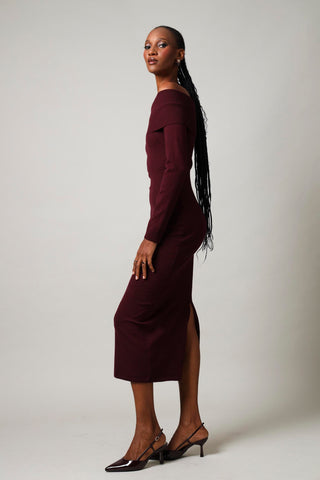 Long Sleeve Off The Shoulder Knitwear Dress - Burgundy
