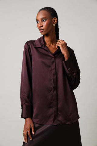 Long Sleeve Satin Shirt - Burgundy