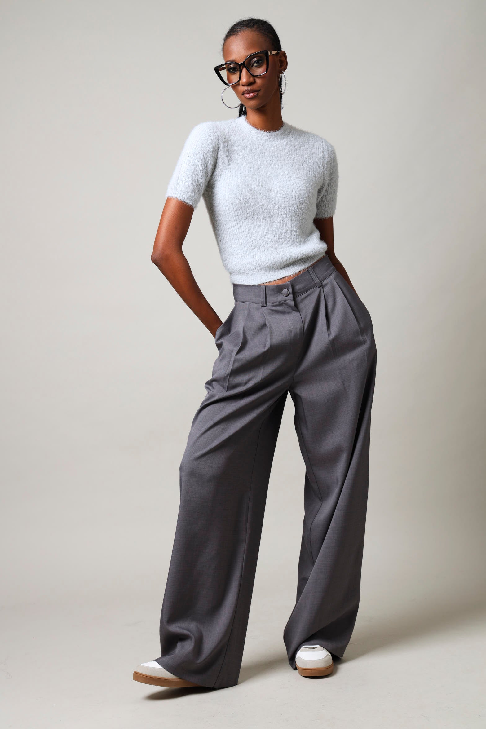 Short Sleeve Fluffy Knitwear Top - Grey – LEGiT