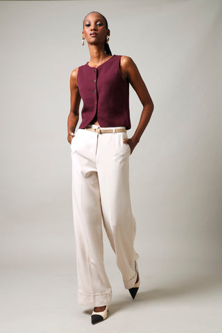 Belted Wide Leg Pants  - Cream