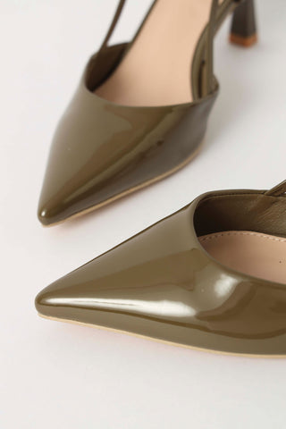 Patent  Slingback Mid Shaped Heel - Olive